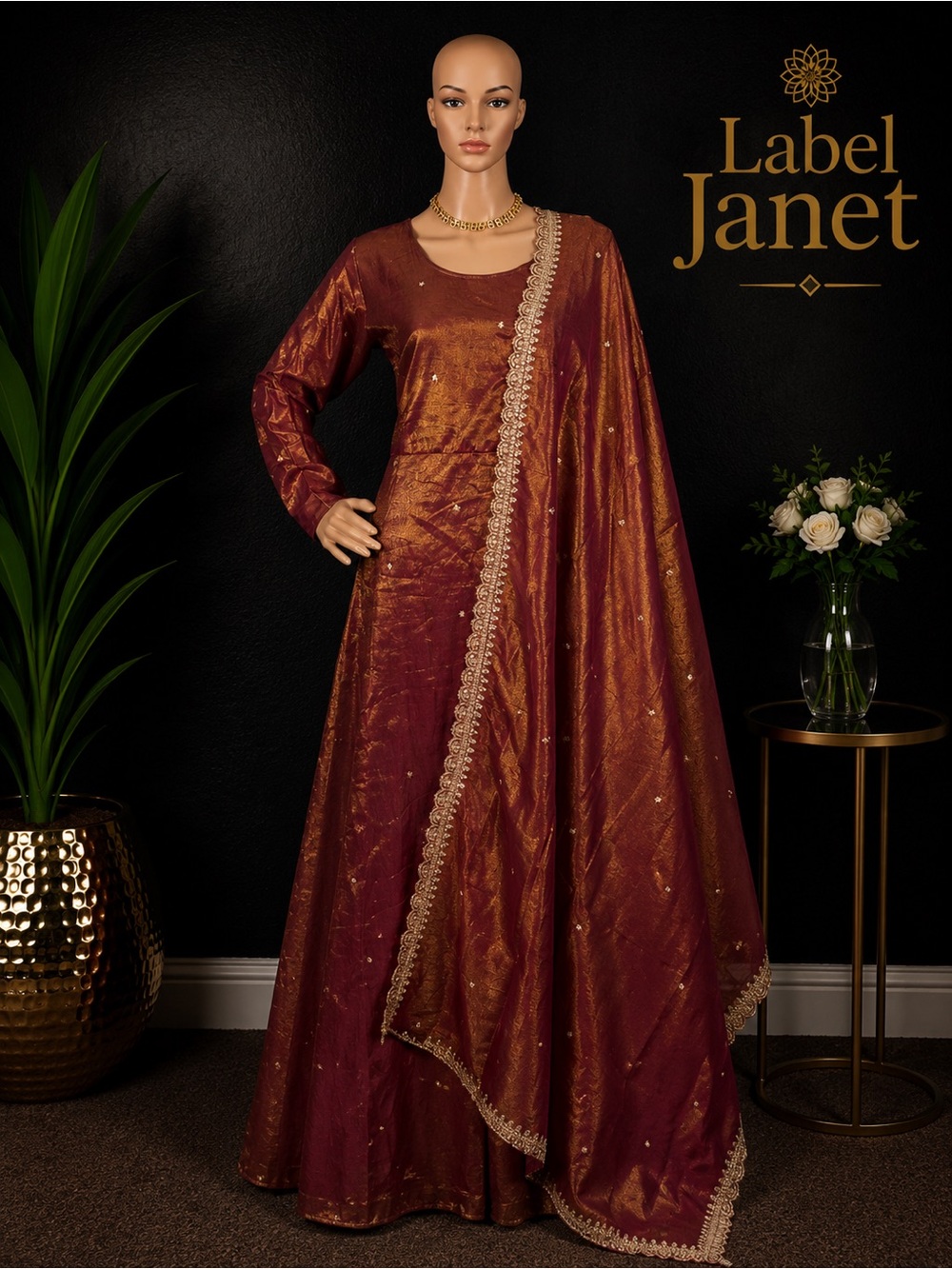 Brand new Rust Red Embroidered Anarkali Gown with Dupatta (XL)